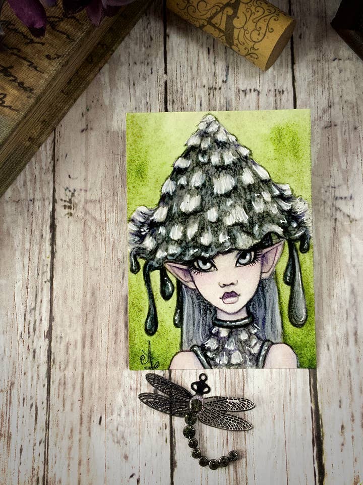 Funguary’s Magpie Inkcap Mushroom Faerie ACEO Print for wholesale by Faeries of Glittering Glen