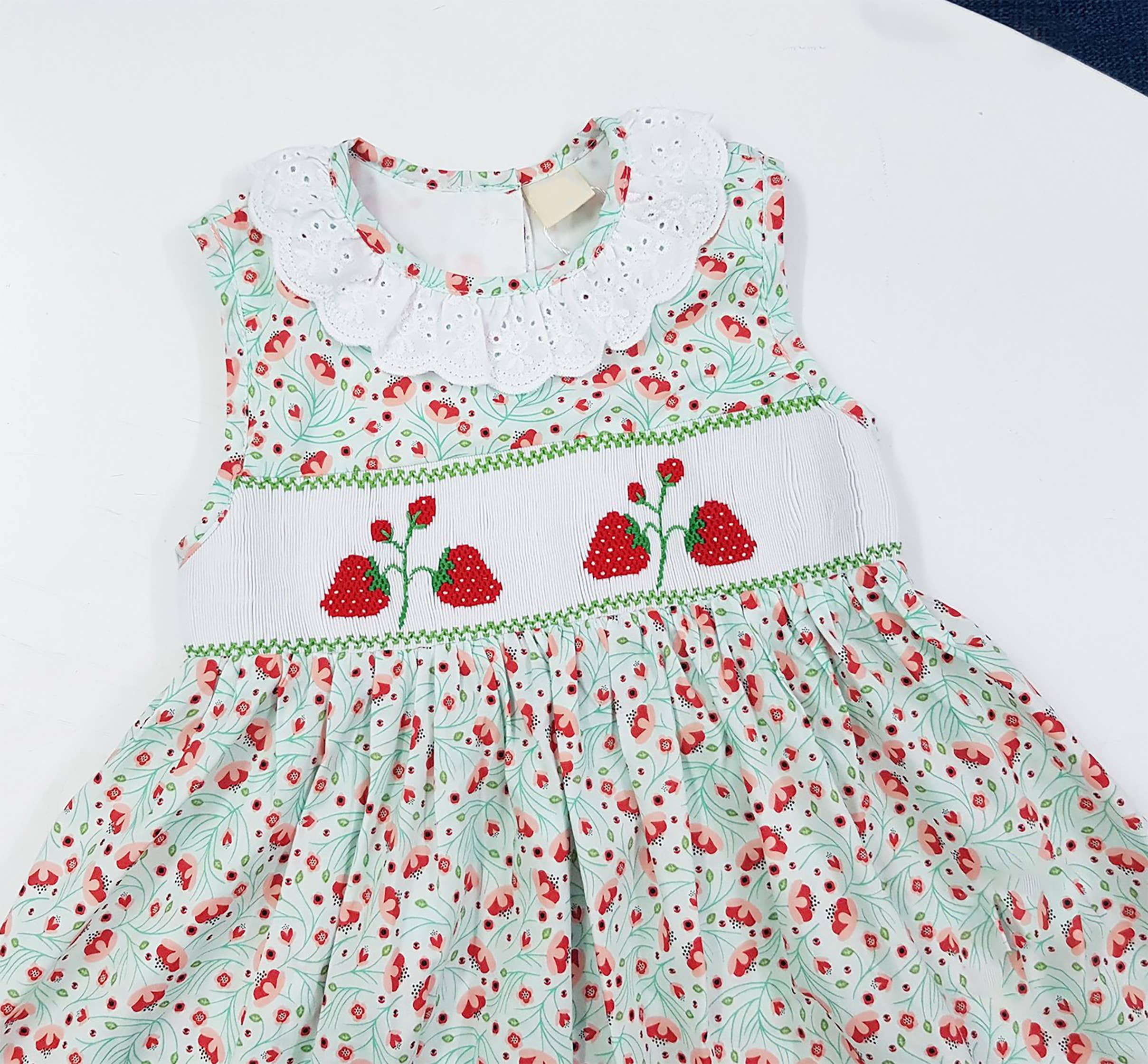 Angeline Kids – wholesale Dress – Kids – Baby Girls Spring Summer Strawberry Hand Smocked Dress1