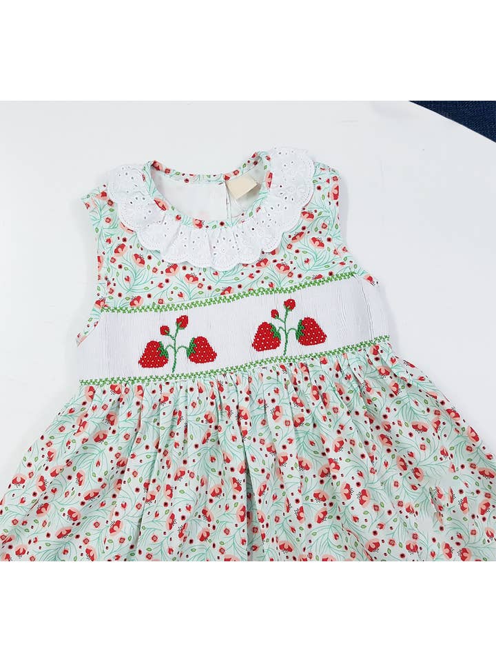 Angeline Kids – wholesale Dress – Kids – Baby Girls Spring Summer Strawberry Hand Smocked Dress1