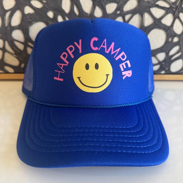 Arnie + Ollie - Wholesale Trucker Hat - Women's - Happy Camper with Smiley on Royal Blue Trucker0