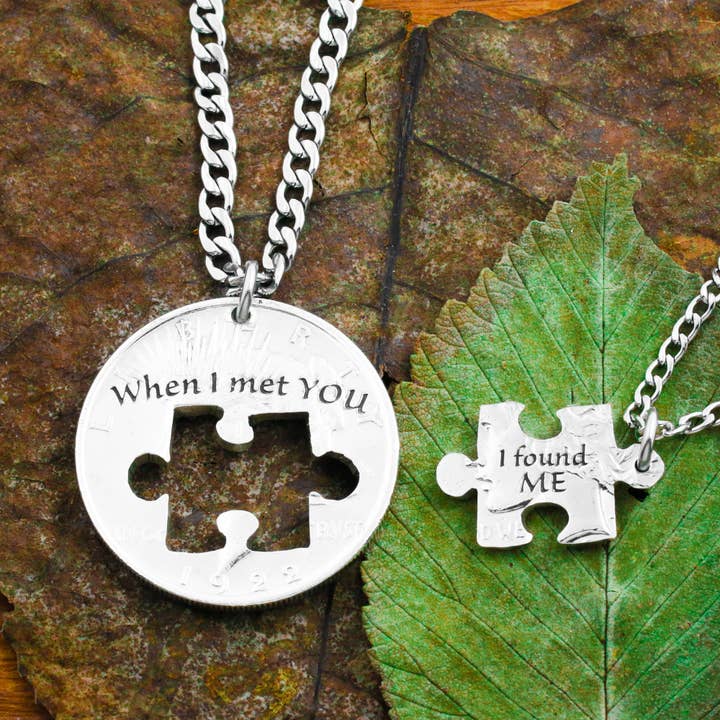 Puzzle Piece Couples Necklaces, Little Phrases, "When I Met You, I Found Me" for wholesale by NameCoins