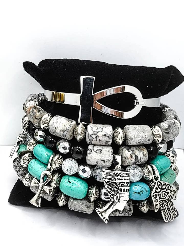Queen Nefertiti Map Stone Jasper and Turquoise Bracelet set for wholesale by L. Styles, LLC
