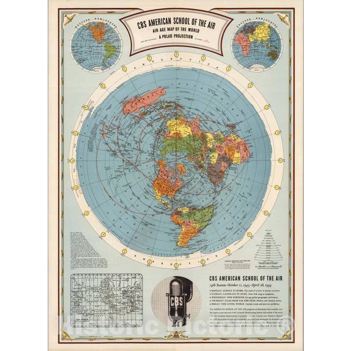 Mappa del Mondo dell'Età Aerea della Scuola Americana CBS, Proiezione Polare 1943 per la vendita all'ingrosso da parte di Historic Pictoric