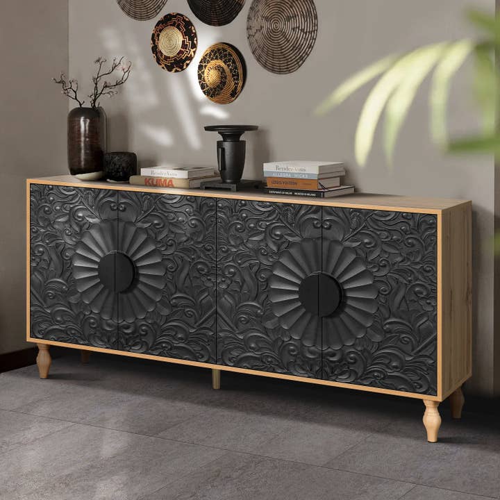 Orange County Decor - Wholesale Console Table - Black Carved Symmetrical Design Door And Wood Coloured Frame For Tv Stand Table,Living Room ,Entryway Black Natural Primary Living Space Mdf1