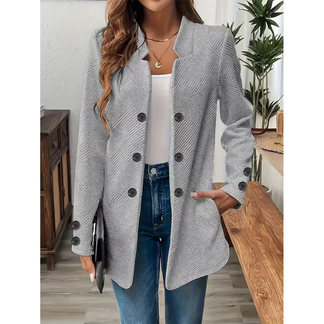 UNISHE – Blazer - Mulher por atacado – Blazer de Manga Comprida com Decote em V e Botões Duplos Cor Sólida ZK36486