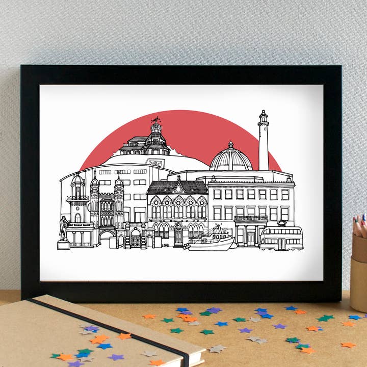 Impression artistique Fleetwood Skyline Landmarks, sans cadre pour la vente par Becka Griffin Illustration