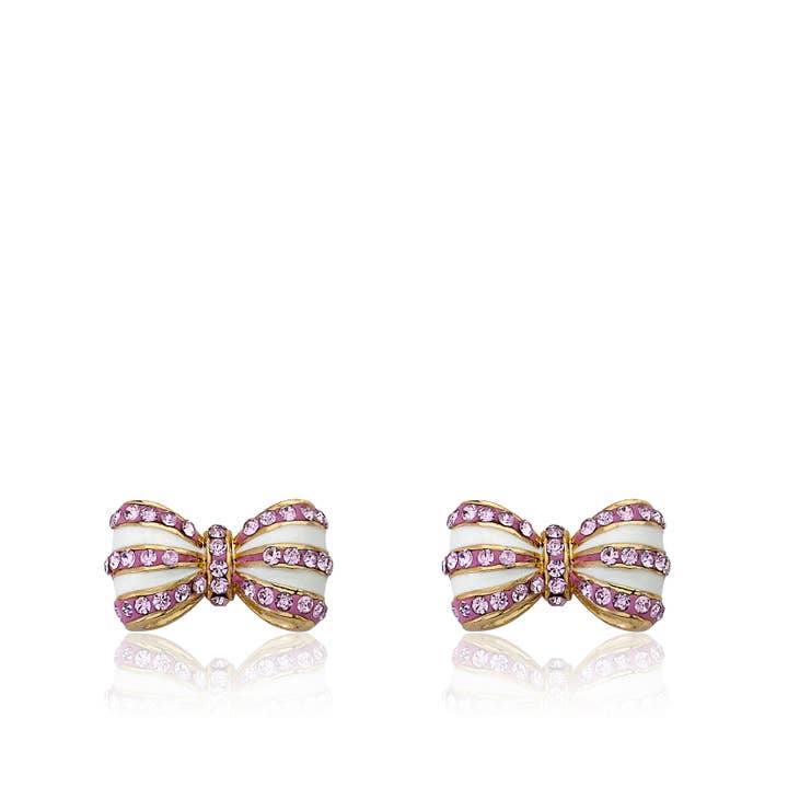 Little Miss Twin Stars – wholesale Earrings – Kids – 14K Gold Plated Pink Crystal Striped 3D Bow Earring