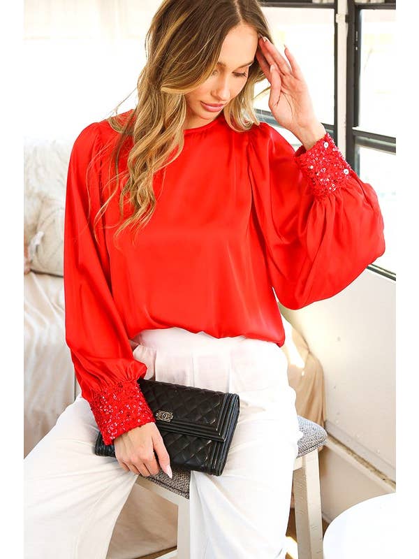 Vine & Love - Wholesale Blouse – Women’s - Sequin Cuff Accent Crew Neck Satin Blouse Top VT812592