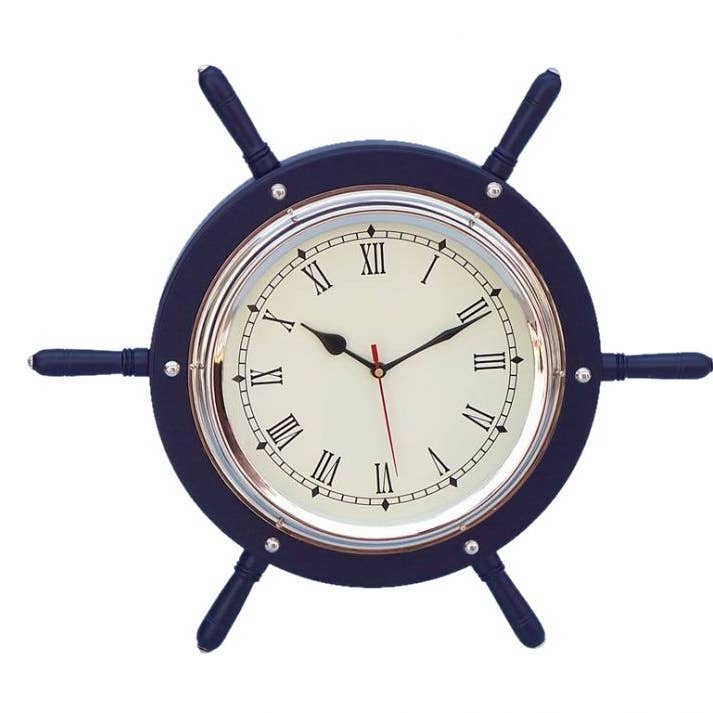 Horloge à roues en bois et chrome bleu foncé 15" pour la vente par Hampton Nautical