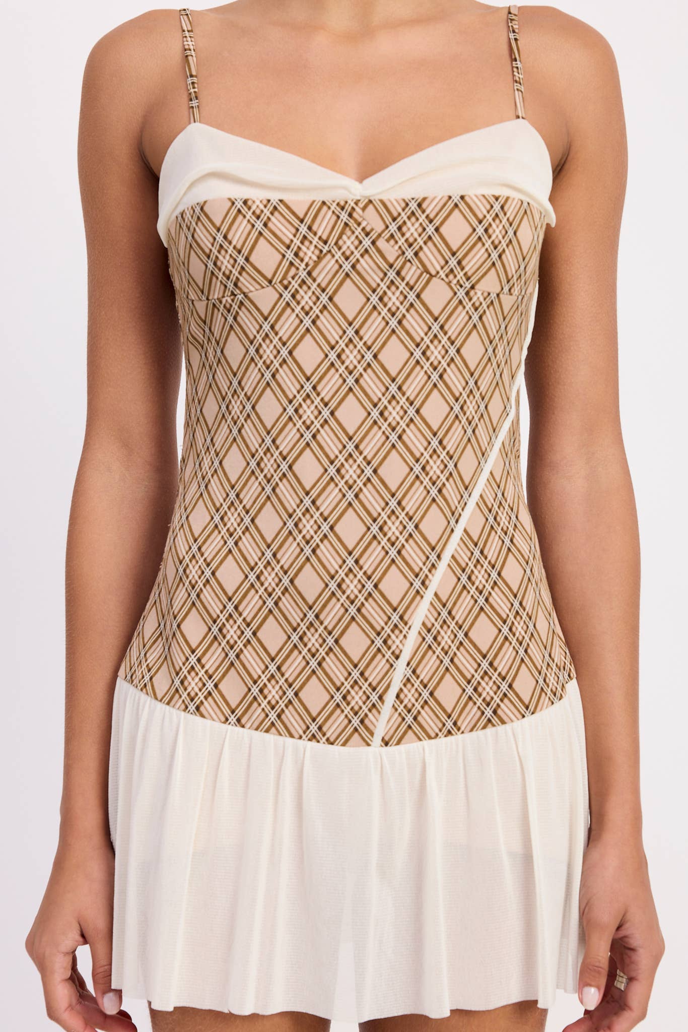 PLAID RUCHED MINI DRESS WITH CONTRAST TRIM for wholesale on Faire1