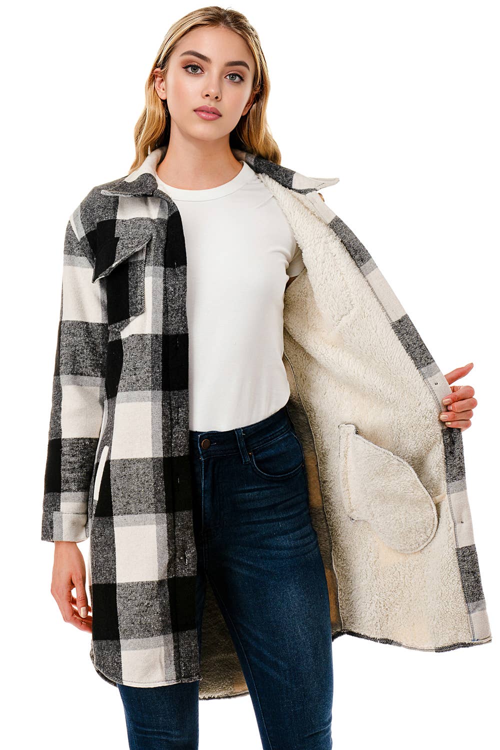 Color 5 - Wholesale Shirt Jacket/Shacket - Women's - Fur lined long fit flannel jacket shacket big checker plaid 8