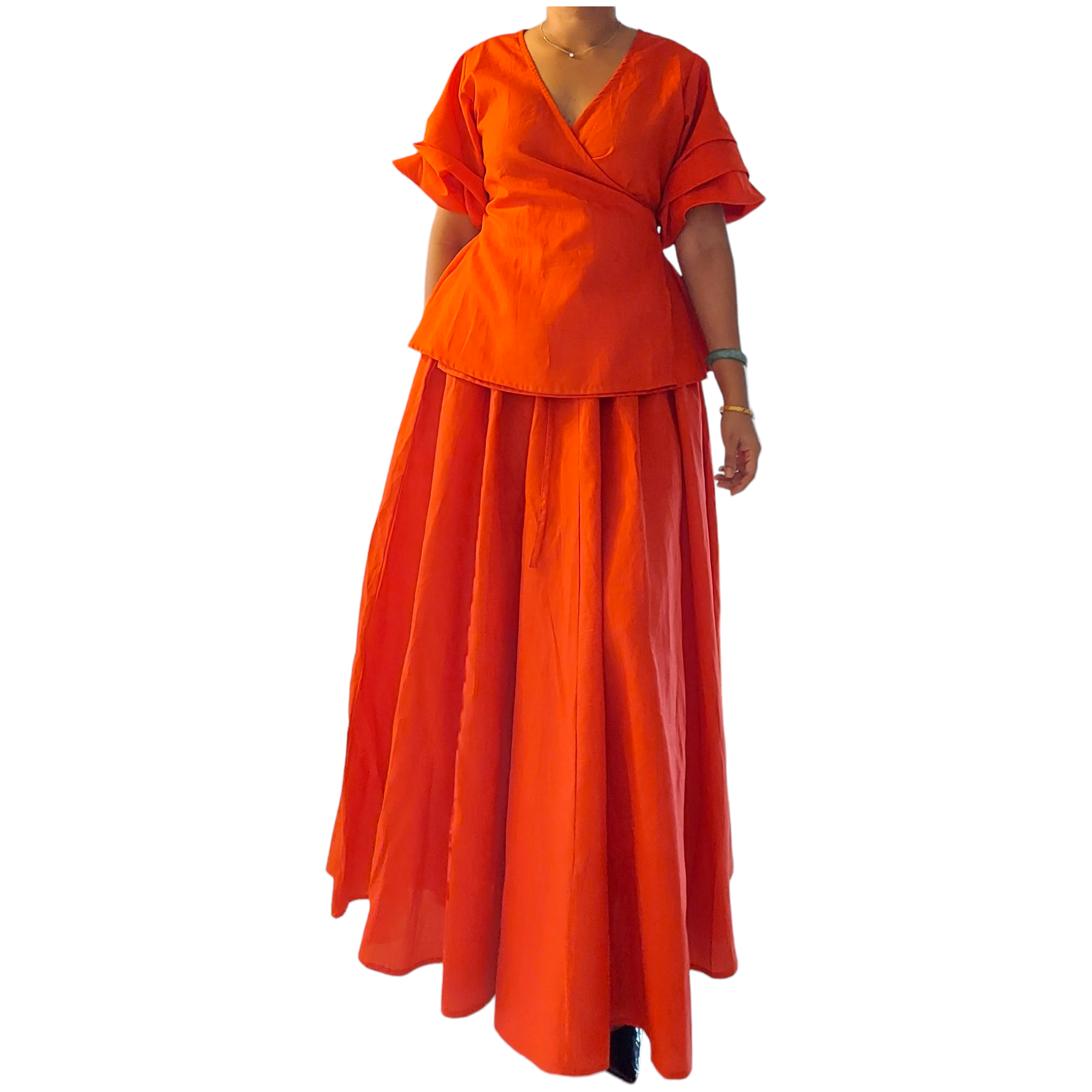 25034 Faux Silk Long Skirt & Wrap Blouse Set - Red for wholesale on Faire3