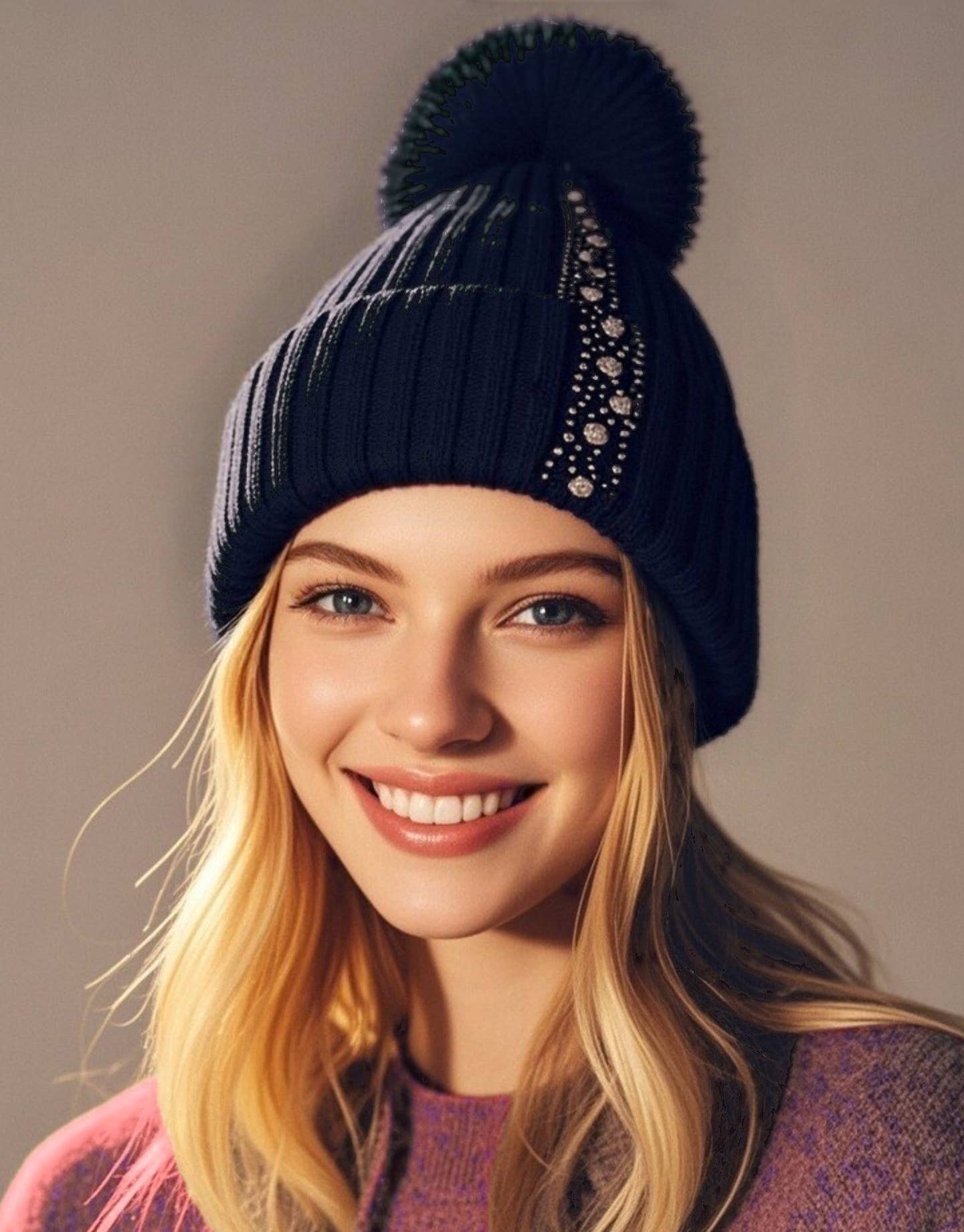 JC Sunny Fashion – wholesale Beanie – Women's – JCH39002 Embellished Knit Beanie with Pom-Pom3