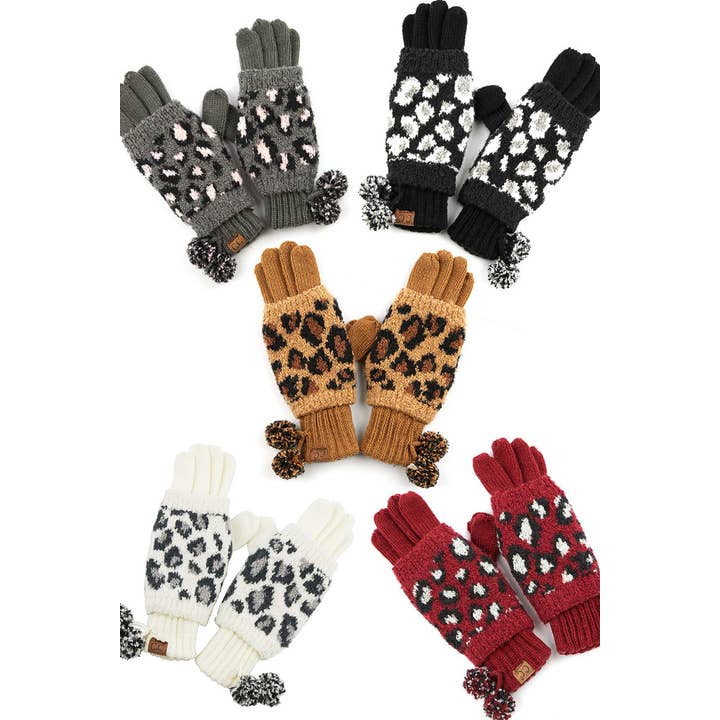 Hana - Wholesale Gloves - Women's - C.C pom leopard jacquard knit glove5