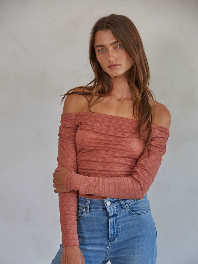 Dusty Mauve L7782 | Knit Nylon Spandex Lace Off the Shoulder Bodysuit for wholesale on Faire