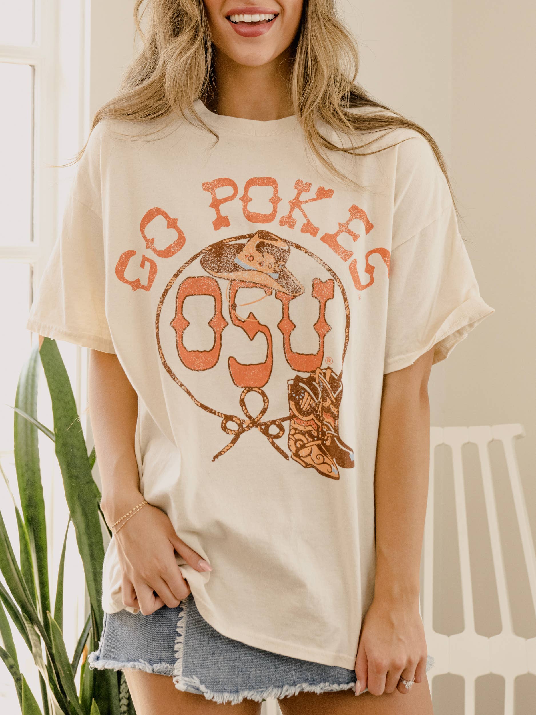 LivyLu - Wholesale Screen Printed T-Shirt - Unisex - Oklahoma State OSU Cowboys Boots Off White Thrifted Tee