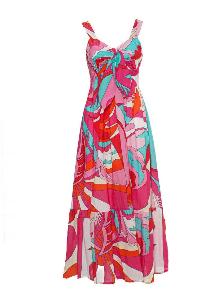 MULTICOLOR GEOMETRIC PRINT SHOULDER DRESS + EMBROIDERY SIZE 5TG 100% C for wholesale by Ayfee