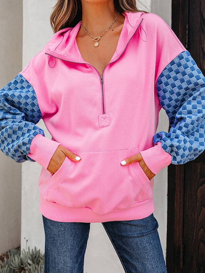 Colorblock Half-Zip Hooded Sweatshirt with Plaid Sleeves for wholesale by Rosa Clothing