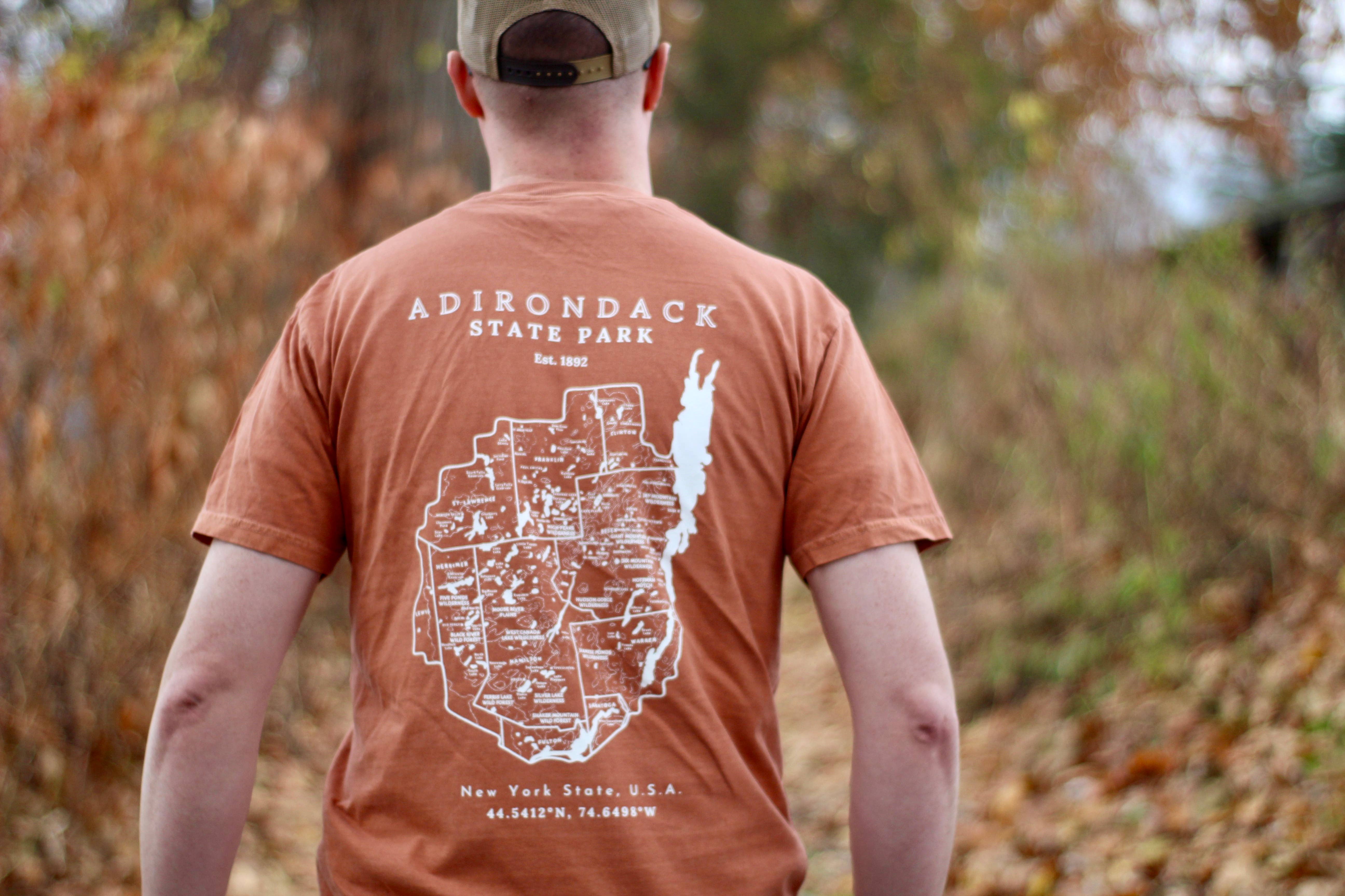 Just Wandering Co. - Wholesale Screen Printed T-Shirt - Unisex - Adirondack Park Map Short Sleeve Shirt | Plattsburgh, New Yo14