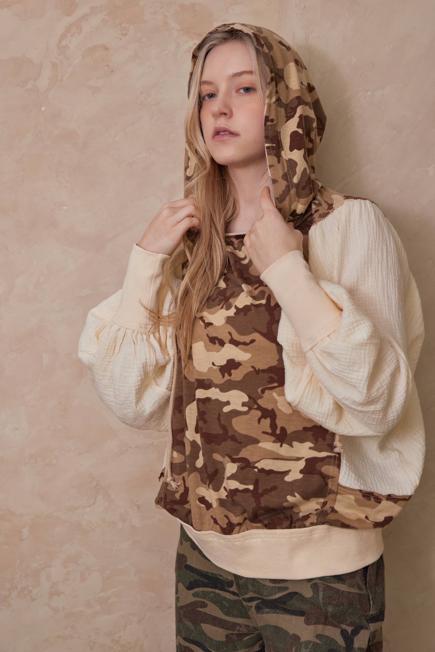 Brown Camo Camouflage Hoodie Top with Balloon Sleeves for wholesale on Faire3