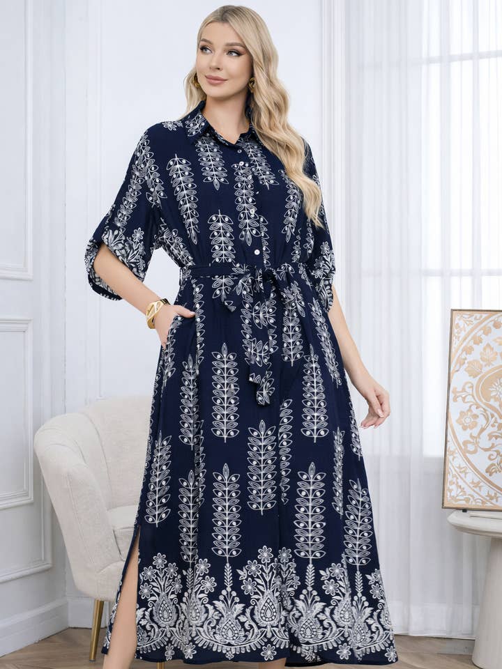 Vestido camisero con cinturón y estampado botánico de mezcla de lino para venta al por mayor de Lucy Sparks