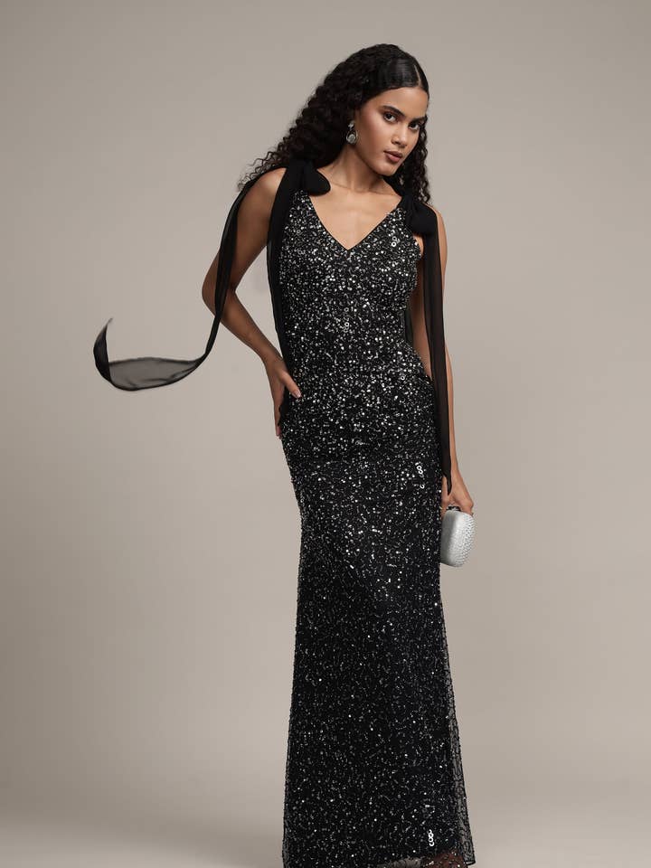 Dream Embellished Maxi Dress in Black for wholesale by Lace & Beads