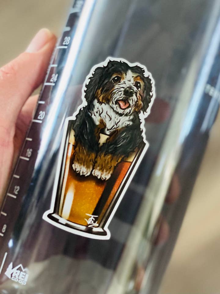 Bernedoodle Dog In Beer Sticker! for wholesale by Guerdrum Art