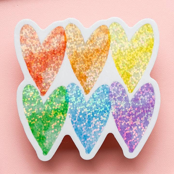 Sparkly Rainbow Subtle Pride Hearts klistermærke for engroshandel hos The Harpy Otter Co