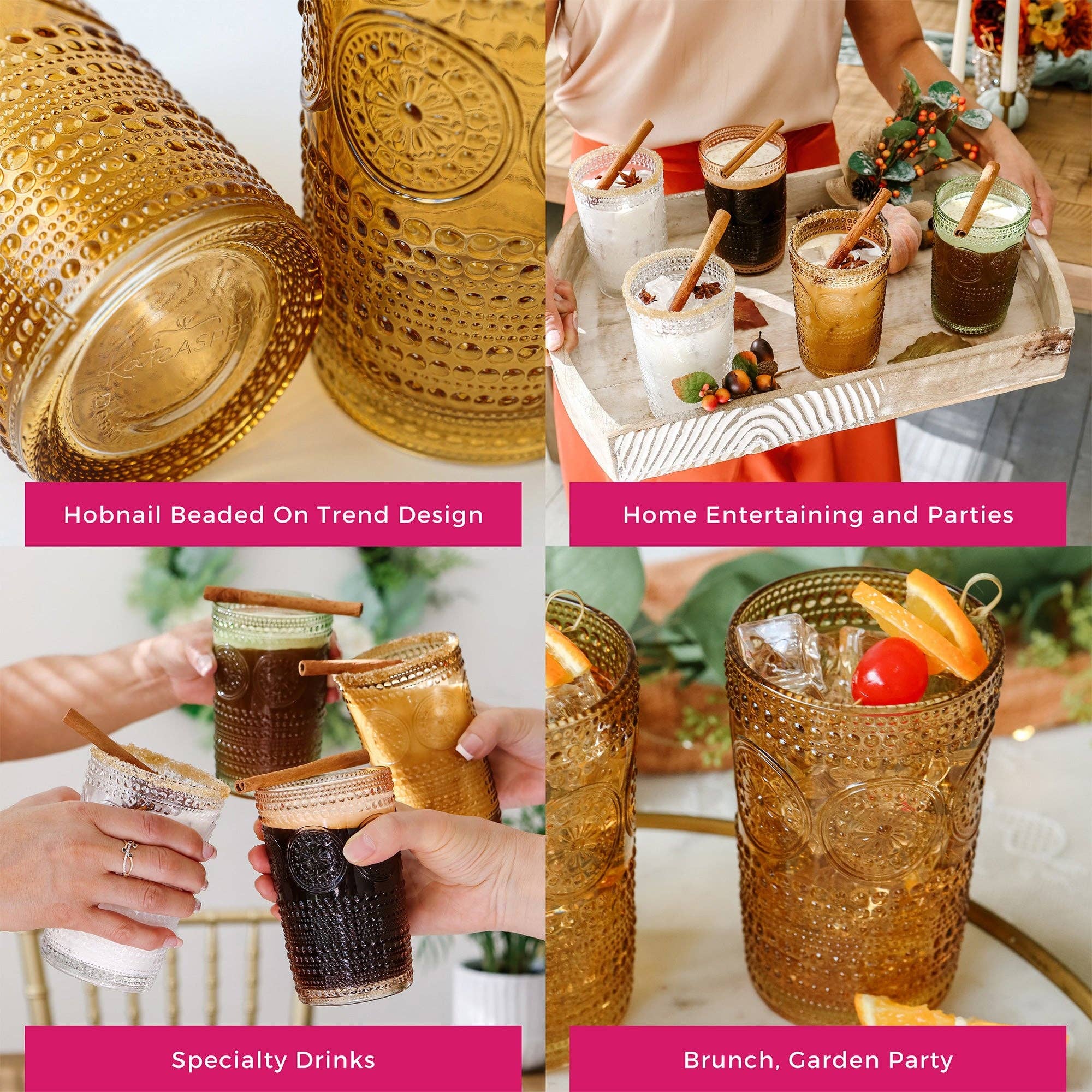 Kate Aspen - Wholesale Cocktail/Liquor Glass - 13 oz. Hobnail Beaded Floral Amber Drinking Glasses (Set of4