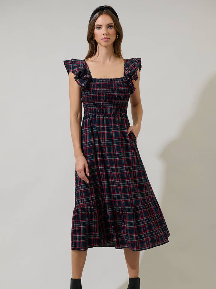 Chapman Plaid Girona Smocked Ruffle Midi Dress for wholesale by Sugarlips