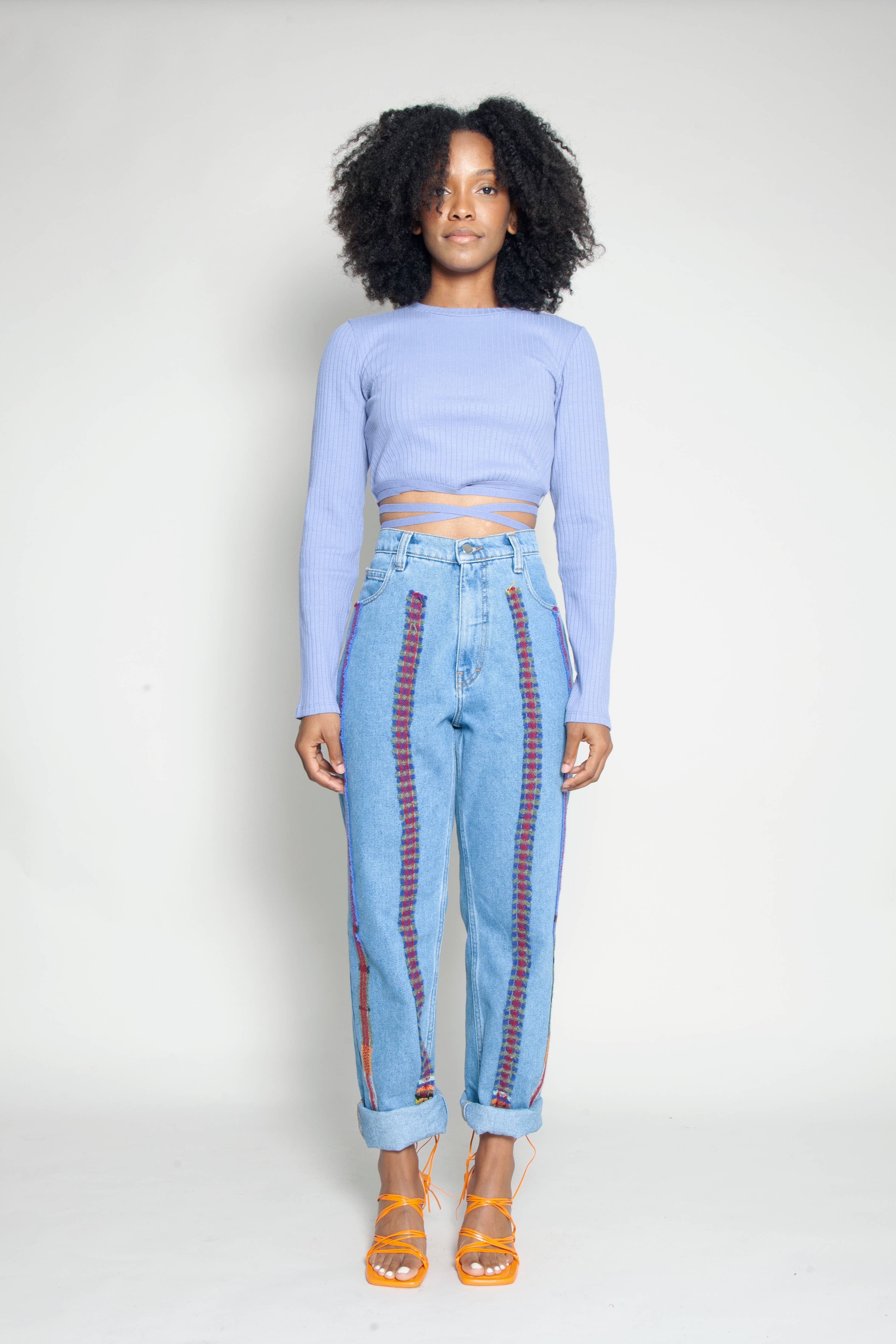 FANFARE LABEL - Wholesale Jeans – Women’s - High Waisted Organic & Recycled Stripe Wool Blue Jeans