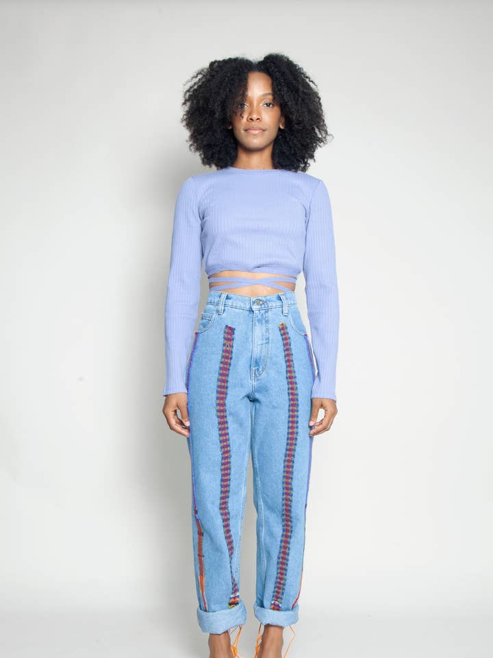 FANFARE LABEL - Wholesale Jeans – Women’s - High Waisted Organic & Recycled Stripe Wool Blue Jeans0