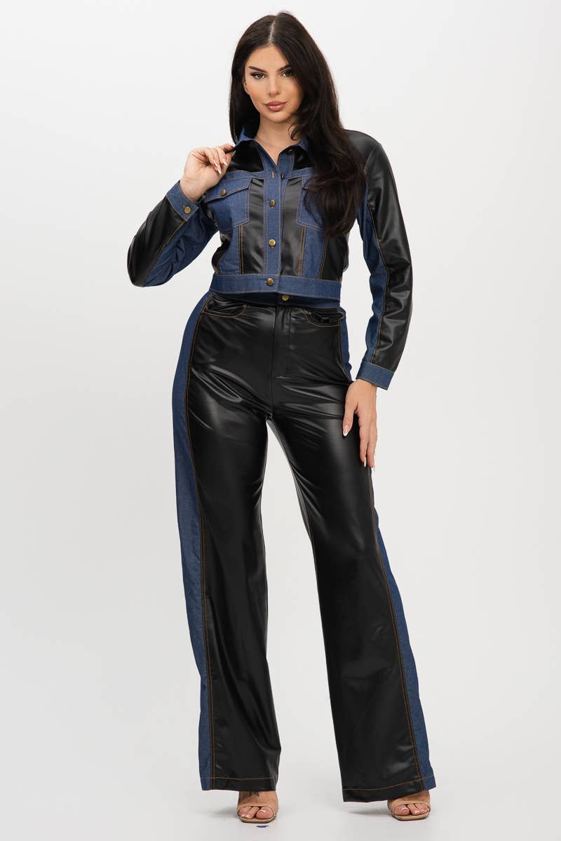 Julia by LoveJ - Wholesale Top & Pant Set (NOT Loungewear) - Women's - Pu Fabric Denim Contrast Jackets And Pants Set 5