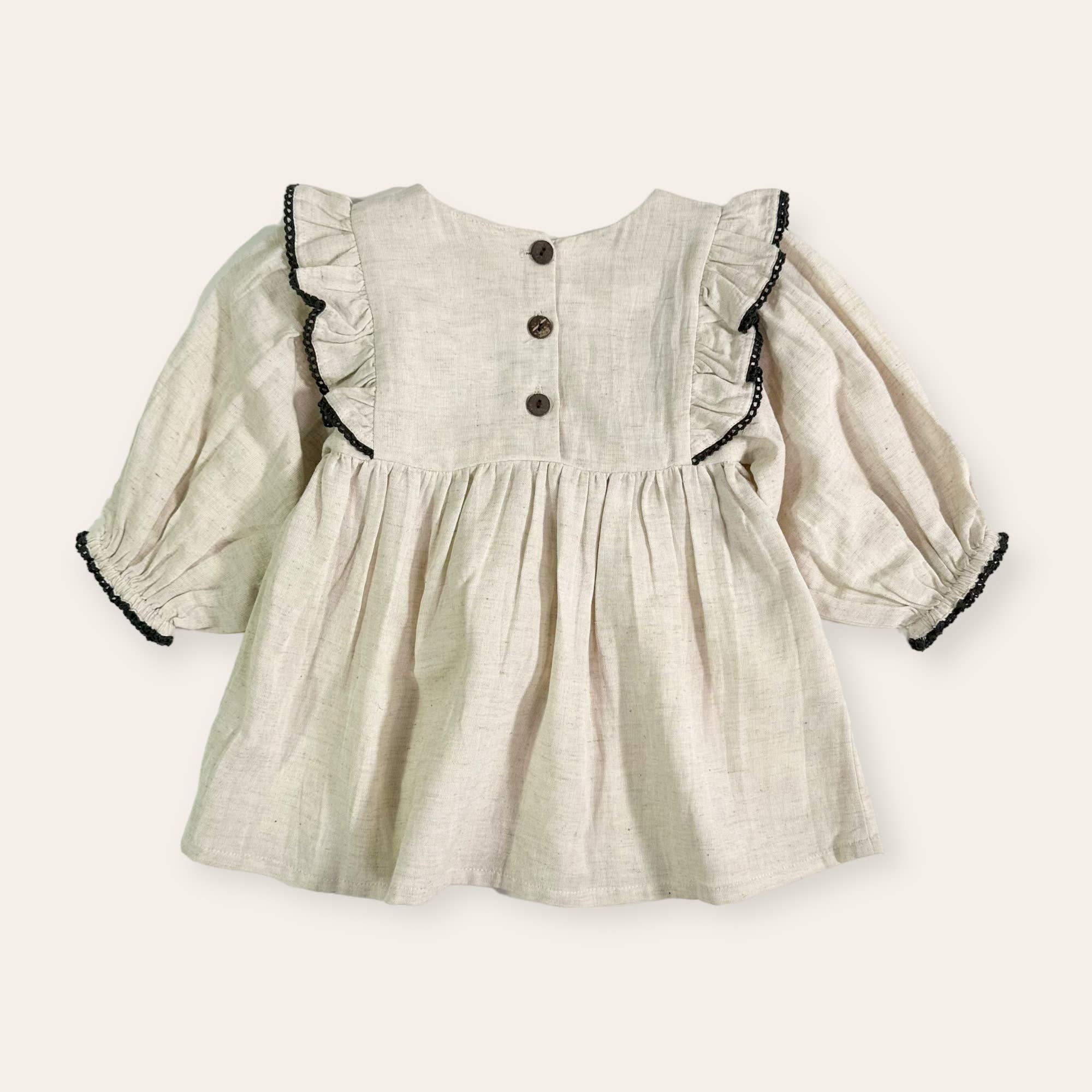 Natural Heather Embroidered Ruffle Flare Baby Dress (Organic Cotton / Linen) for wholesale on Faire3