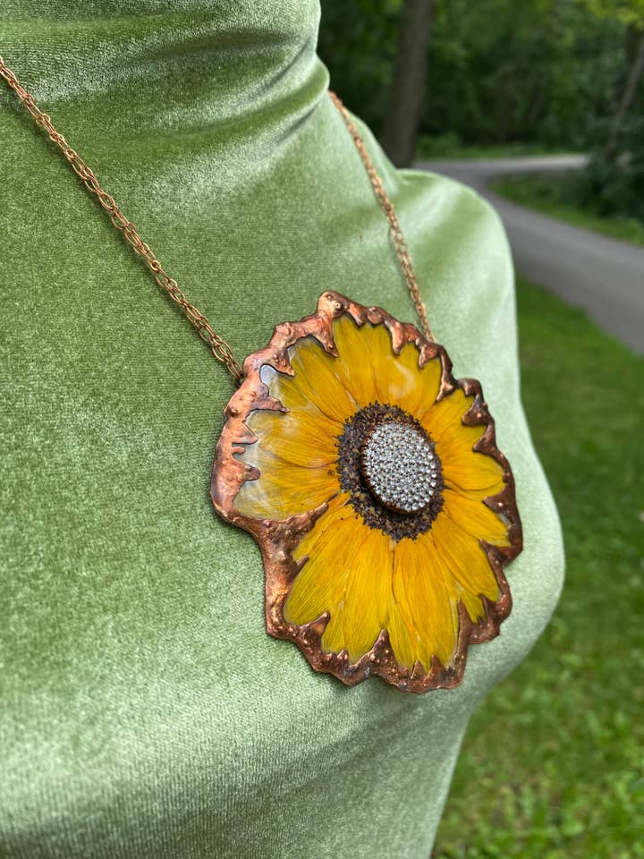 Reserved for Rabun Real Sunflower Necklace Copper Electro for wholesale by The Posh’mina
