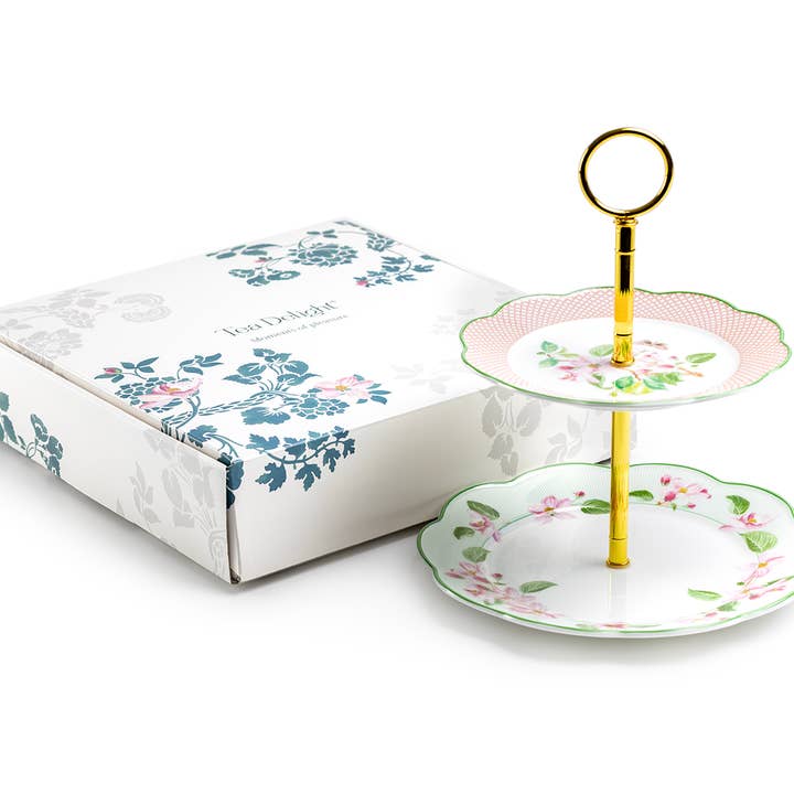 Grace Teaware - Vente Plateaux de service - Présentoir à 2 niveaux en porcelaine fine Apple Blossom 8" avec boîte cadeau3