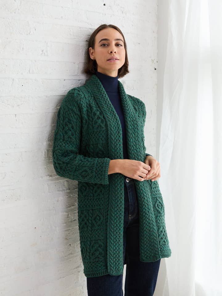 Tara Ladies Merino Aran Long Shawl Cardigan - Green for wholesale by Aran Woollen Mills