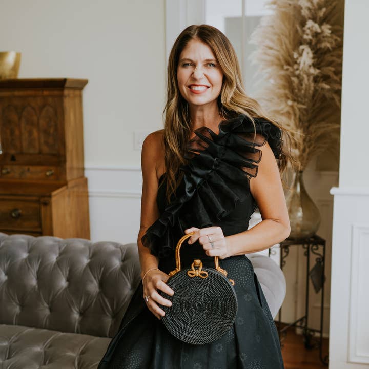 POPPY + SAGE - Wholesale Top Handle Bag - Women's - Milly Round Rattan Bag - Black, Natural1