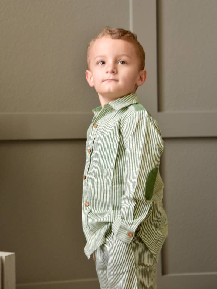 Boys Striped Shirt - Olive Green for wholesale by Yo Baby