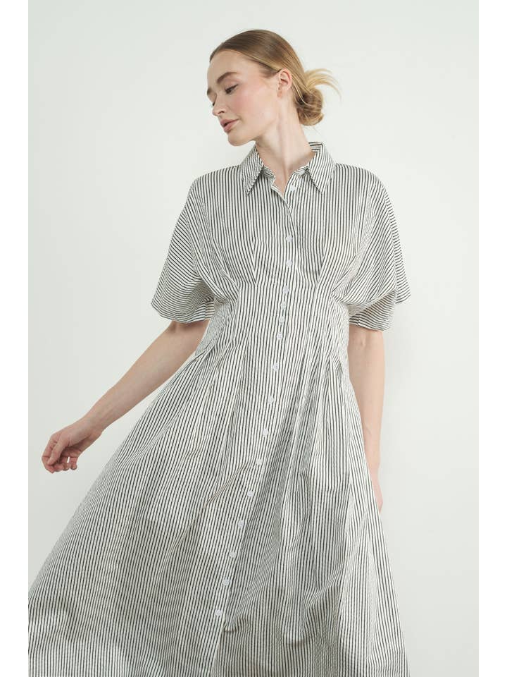 MAD3228 STRIPE BUTTON FRONT PLEATED MIDI SHIRTS DRESS for wholesale on Faire