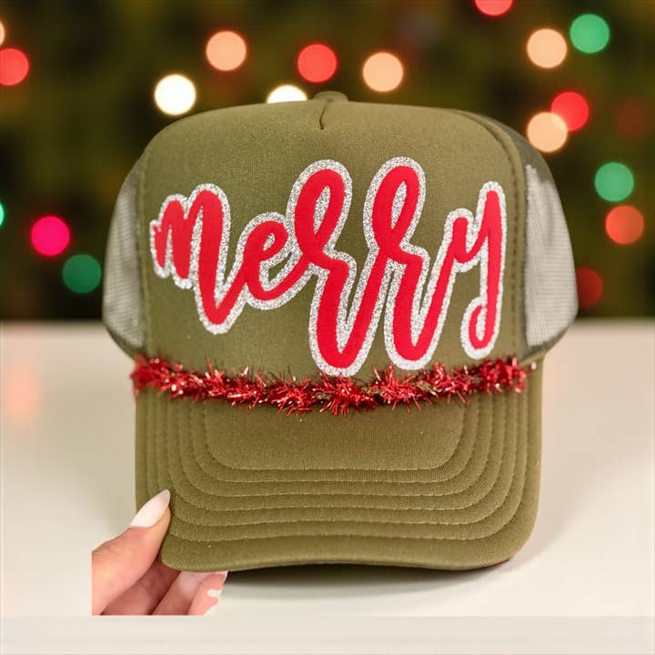 Shop Althea Designs - Wholesale Trucker Hat - Women's - Merry Glitter Puff Christmas Hat | Green Holiday Tinsel Trim1