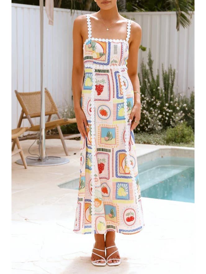 Rosa Clothing - Wholesale Dress - Women's - Graffiti cartoon fruit print ric rac Bandeau cami dress