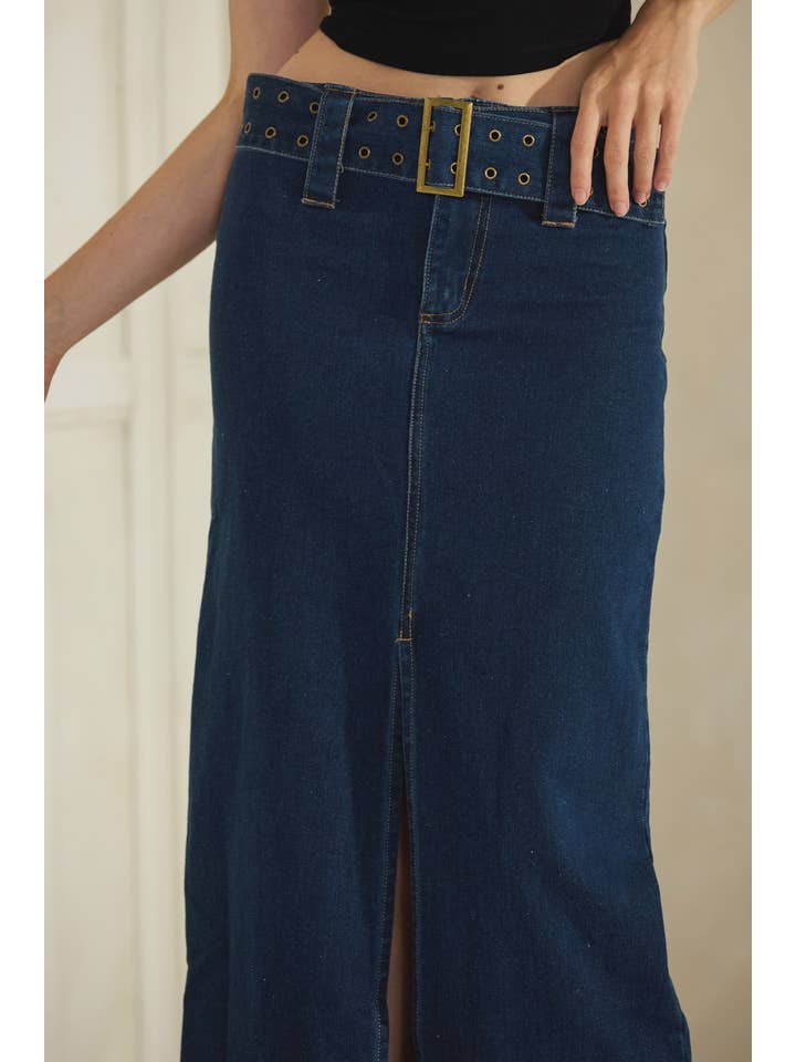 Denim MB1400- Jupe taille basse en jean à boucle sur le devant en vente sur Faire