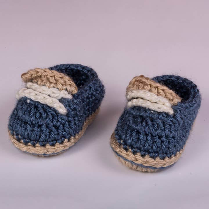 Blue Crocheted Baby Sneakers for wholesale by Double Bug Stitchery