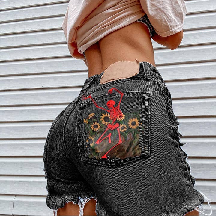 Tourtiwi - Wholesale Shorts - Women's - Women's Sunflower Skull Print Denim Shorts