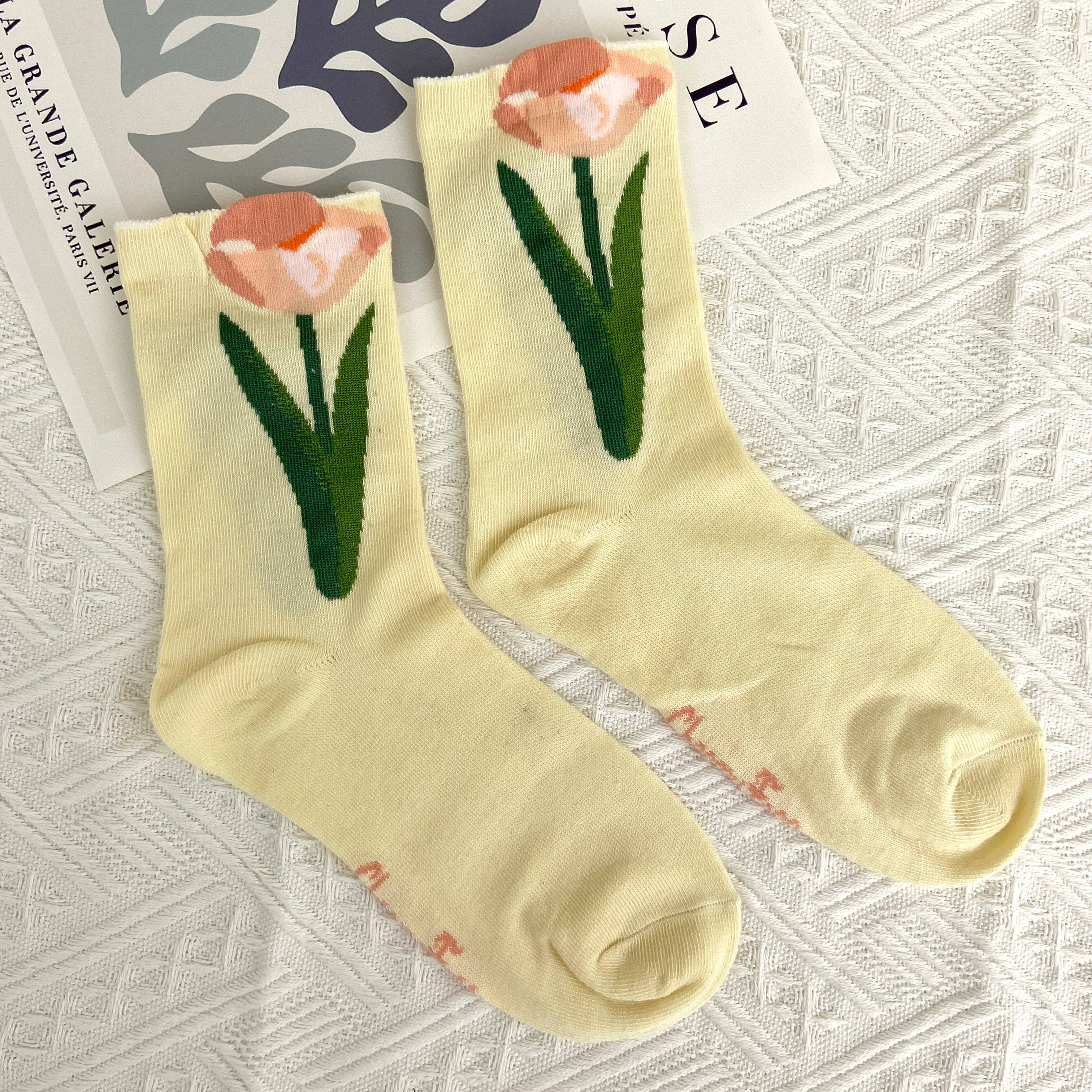 mildstyles - Vente Chaussettes – femme - Chaussettes vintage mi-mollet à motif floral tulipes1