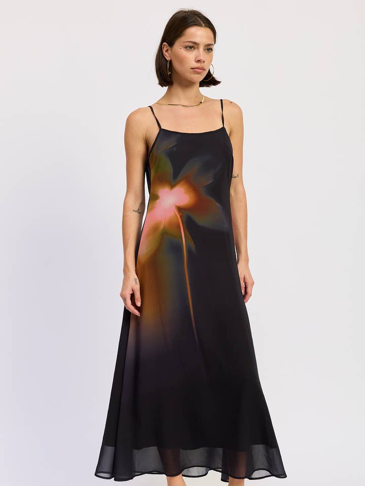 BLACK MAXI FLORAL PRINT SLIP DRESS WITH SCOOP BACK for wholesale on Faire0