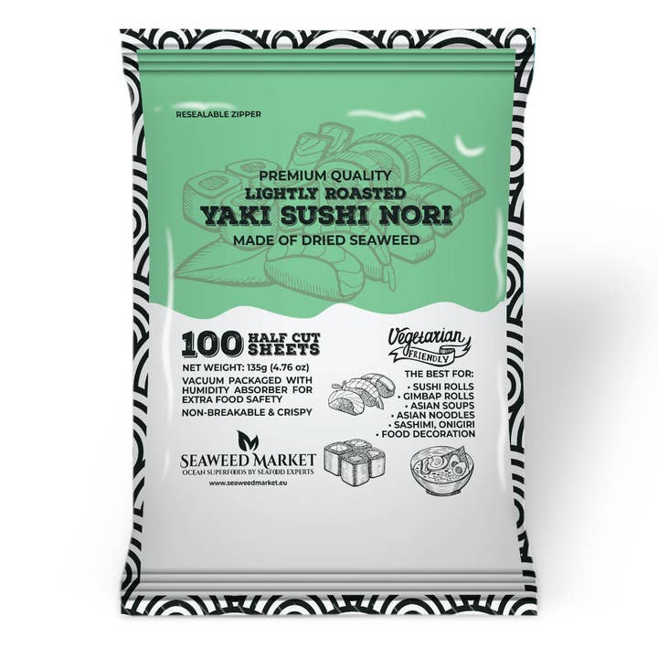 SEAWEED MARKET - Wholesale Dried/Dehydrated Vegetables - 100 Half-Sheets of Premium Nori Seaweed. Sushi, Gimbap rolls. 135g x 20pcs