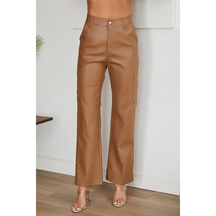 CARGO POCKET DETAIL PU LEATER STRAIGHT PANT (90105-PU) for wholesale by VENTI6