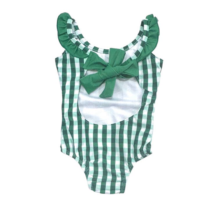 Sugar Bee Clothing - Wholesale One Piece Swimsuit - Kids - Girls Swimsuit - Bow Back - Green Gingham 4